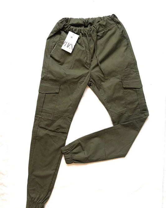 Green 6 Pocket Men Cotton Cargo Trousers